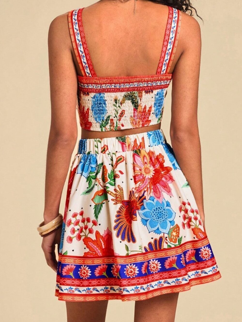 Multicolor Boho Women's Floral Print Camisole Tank Top And Mini Skirt - Picture 2 of 6